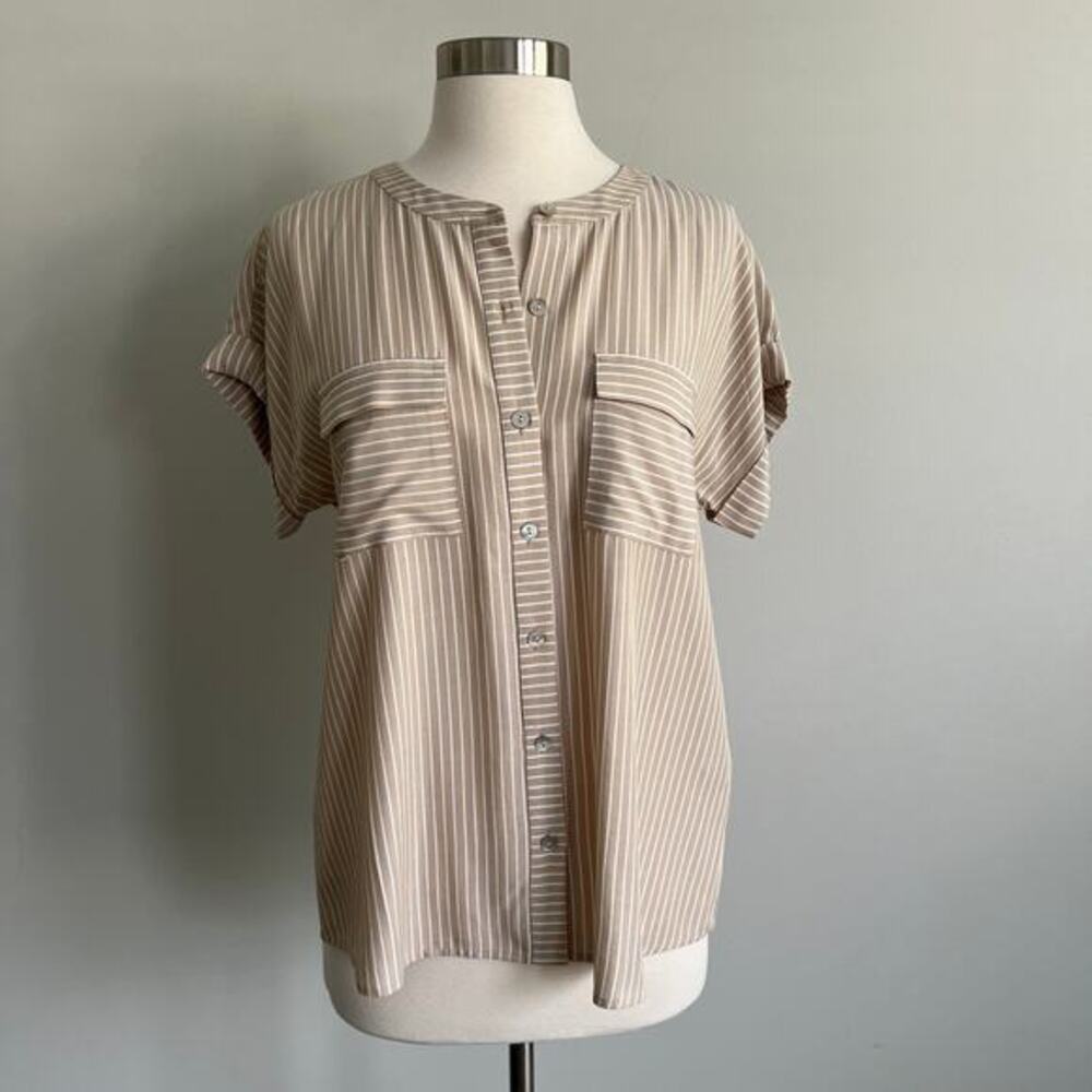 J.‎ Jill Pocket Front Rolled Sleeve Blouse Tan White Stripe Button Up Rayon XS